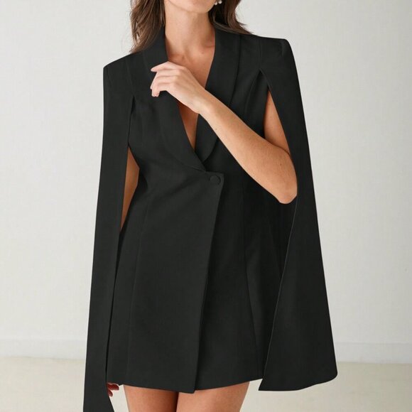 Black Elegant Women's Button-Front Long Sleeve Casual Blazer - Picture 6 of 8